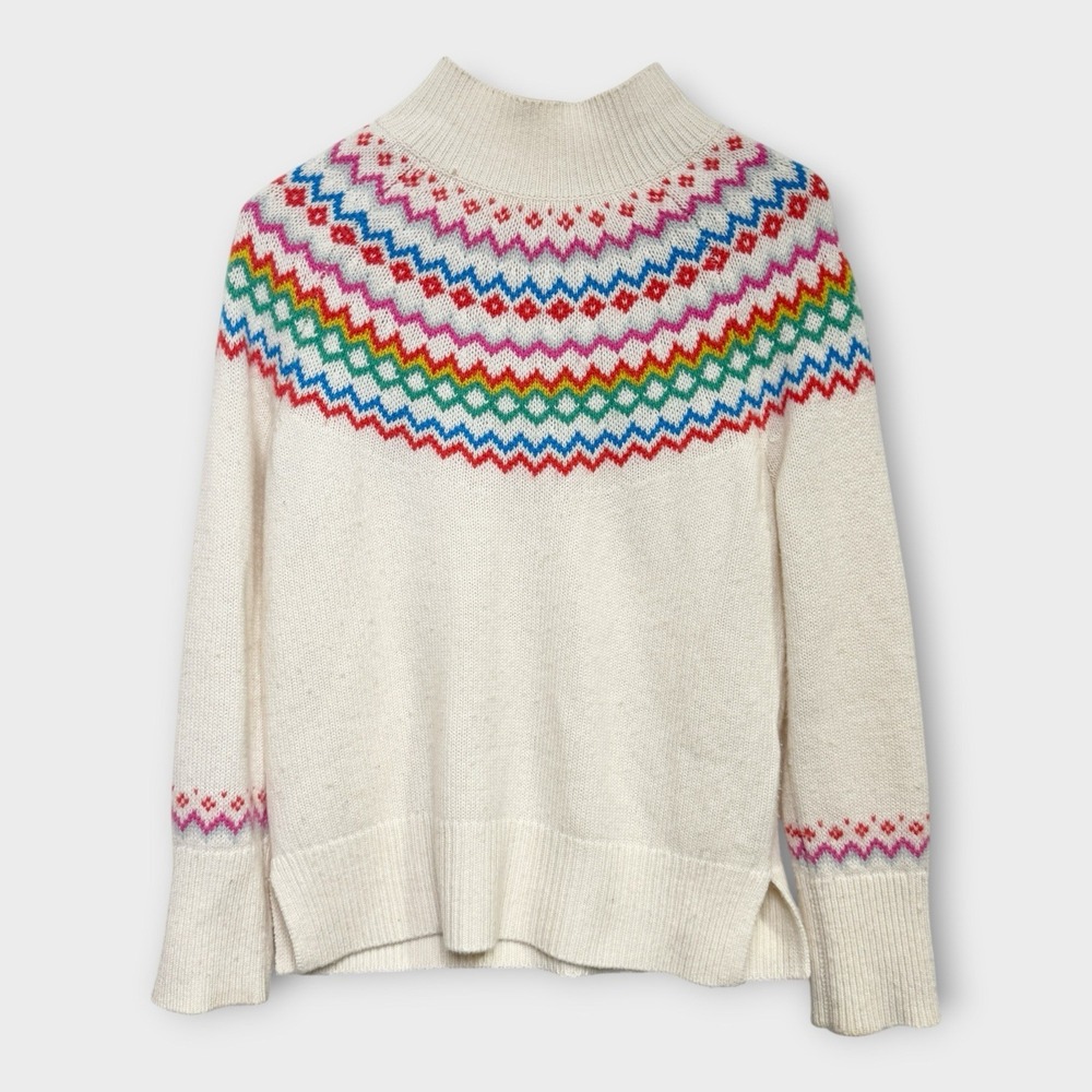 Boden Anna Cashmere Sweater Size 4 Fair Isle Ivory Preppy Cabincore Mock Neck